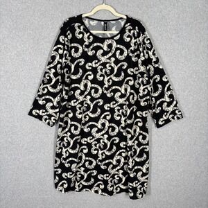 Diva D Dress 3XL Black Cream Mini Knit Paisley 3/4 Sleeve Thin Stretch Shift